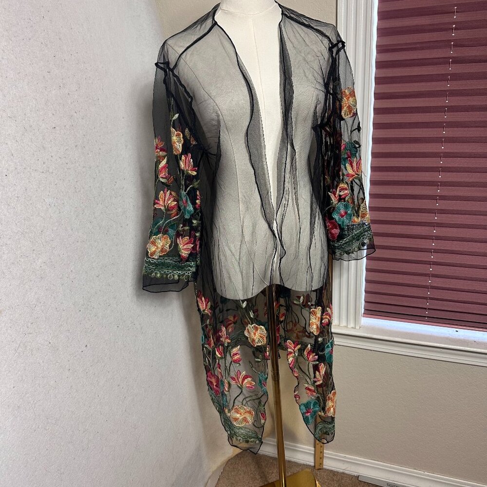 Shirt Cardigan  women M Sheer Mesh Floral Embroidered Long Sleeve Black open‎